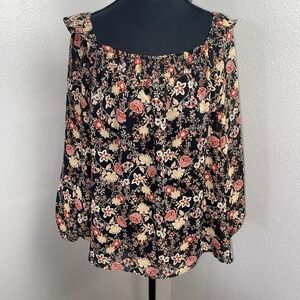 Eclair Blouse Women's Large Multicolor Floral Sheer Lined‎ Off Shoulder Boho